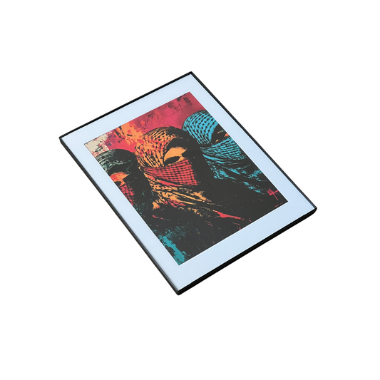 Side angle view of framed Bound by Roots poster featuring Arab identity and solidarity artwork.