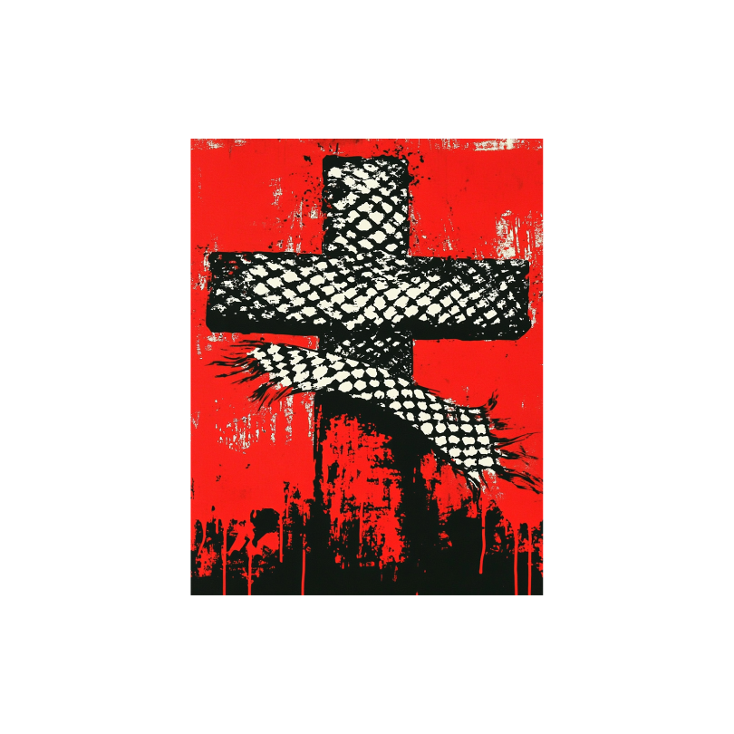 Framed A4 print of a red cross wrapped in a keffiyeh — symbolic art piece from Arabcore’s limited series.
