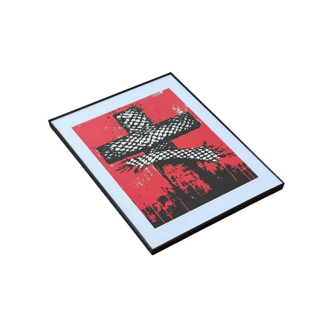 Side view of Crimson Testament poster — framed and showcasing bold red visual with cultural symbolism.